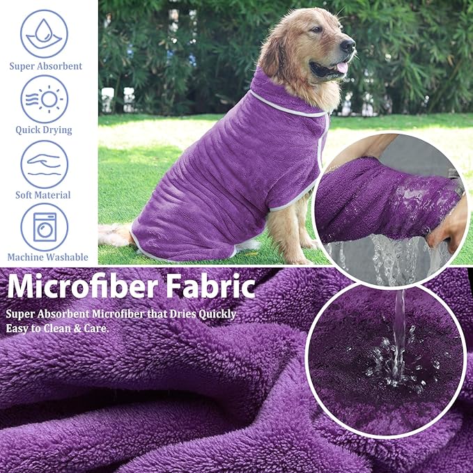 Dog Bathrobe Towel Dog Drying Coat - Super Absorbent Towels Bath Robe for Dogs Large, Soft Adjustable Collar & Belly Strap Fast Drying Coat Pet Cat Bath Robe (Violet, Small)