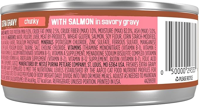 Friskies Purina Extra Gravy Wet Cat Food Chunky with Salmon in Savory Gravy - 5.5 oz. Cans,(Pack of 48)