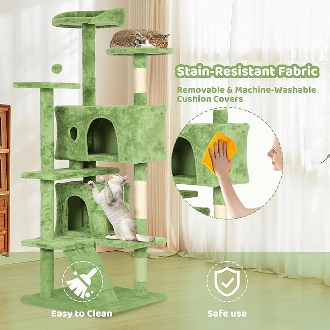 54" Cat Tree for Indoor Cats - Multi-Level Cat Tower with Scratching Posts, Jumping Platforms, Spacious Condo, Cat Bed Cave & Hidden Spaces - Durable Cat Furniture - Green