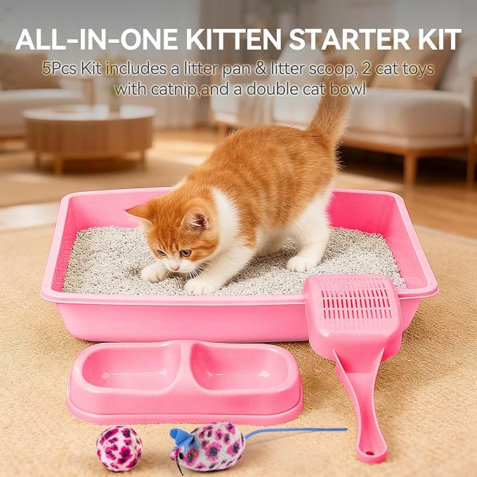 Pink Cat Litter Box Set, Small Cat Kitten Starter Kit with Litter Scoop, Cat Bowl, Kittens Toy; Heated Cat House Indoor, Cats Home with Heated Pad, Cat Houses & Condos, Heater Cat Bed