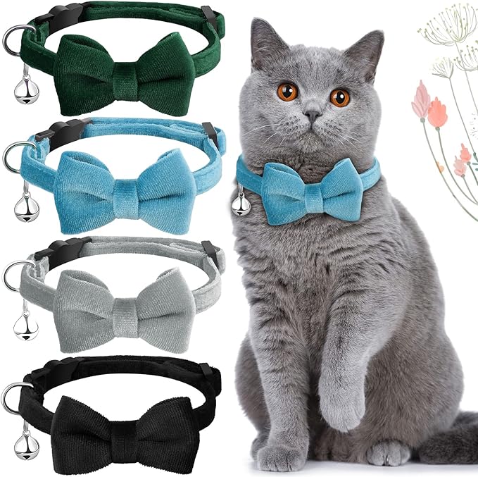 4 Pieces Cat Bow Tie Collar with Bell Breakaway Cat Comfortable Velvet with Cute Safety Pet Collar for Pet Kitten Puppy(Medium,Black, Gray, Dark Green, Blue)