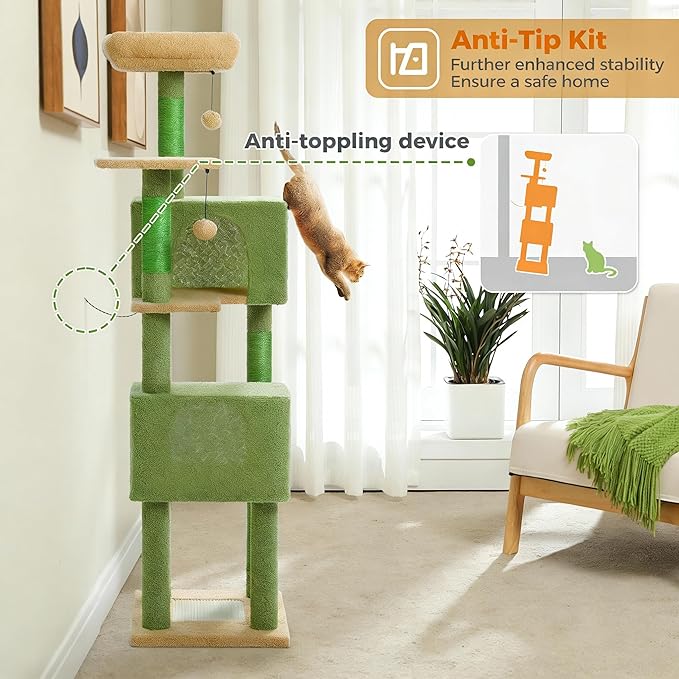 62" Cactus Cat Tree for Large Cats, Multi-Level Cat Tower with 2 Plush Condos, Soft Bed, Scratching Posts & Pad, Padded Perch & 2 Hanging Pompoms for Indoor Cats, Green