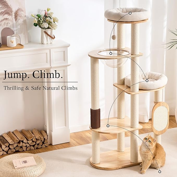 797Audio Modern Wood Cat Tree Tower, 60" Cat Tree with Sisal Scratching Posts, Capsule and Scratch Pad for Indoor Cats, Solid Rubber Wooden Cat Tree,Large Platform Multi-Level Tree for Large Adult Cat