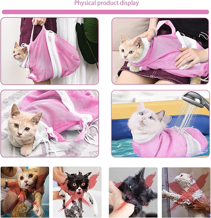 Adjustable Multifunctional Anti-Bite Shower Mesh Bag, Cat Grooming Net, Bath Brush and Cat Nail Clipper (A-Pink)