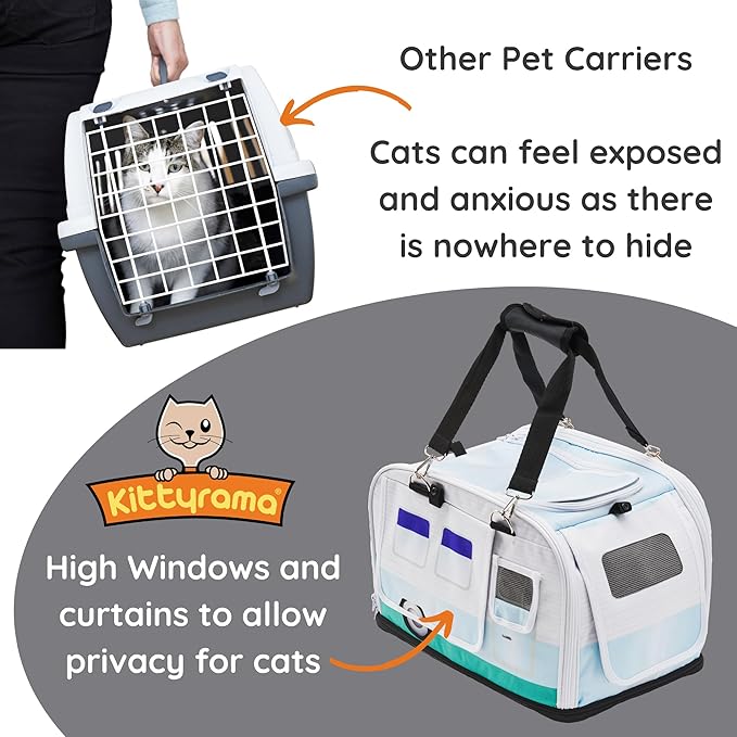Kittyrama Soft-Sided Airline Approved Cat Carrier with Expandable Hideaway | Escape-Proof SBS Self-Locking Zippers | 22 lb Capacity | Vet Approved | Top & Side Entry | 17×11×11 in