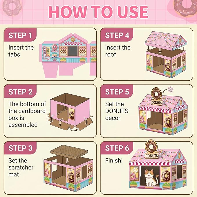 Donut Shop Cardboard Cat House Cat Scratch House with Scratcher Kitten Hideaway Playhouse Bed with Scratching Pads Cardboard Scratch Box for Indoor Outdoor Cats Bunny Small Animals Gift Supplies