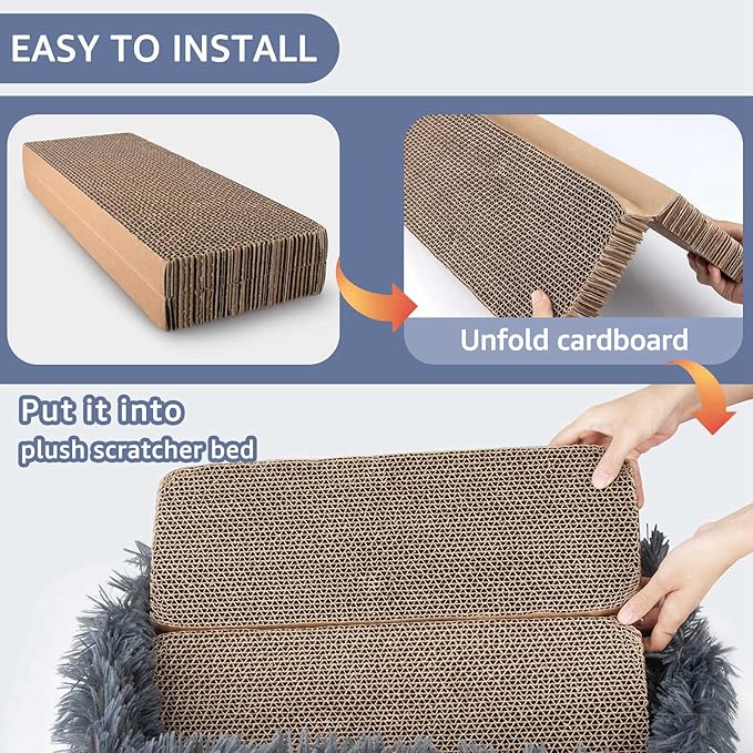 Fluffy Cat Scratcher Bed Box with Removable Cardboard, Corrugated Board Rectangular Cat Scratching Bed Lounge, Pet Scratch Pad for Furniture Protection (Dark Gray)