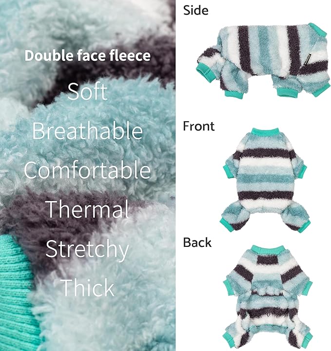 Fitwarm Fuzzy Striped Dog Fleece Pajamas, Warm Winter Clothes for Small Dogs Boy Girl, Cozy Pet Onesie with Feet, Light Sea Green, Black, White, Small