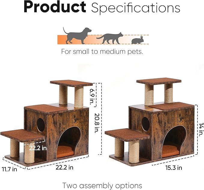 FUKUMARU 3-in-1 Pet Stairs, Retro-style Dog Steps for Cats and Small Dogs, Wooden Cat Stairs for High Bed with Scratching Post, Dog Ramp for Couch with Cat Condo Cave, Easy to Clean & Aesthetic Design