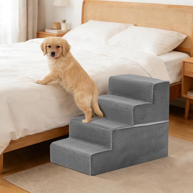 NEWBULIG 4-Step Dog Stairs, 18" H Dog Steps for Sofa and Chair, Non-Slip Sturdy Pet Steps for Small Dogs and Cats, Pet Ramp for High Bed Indoor, Gray