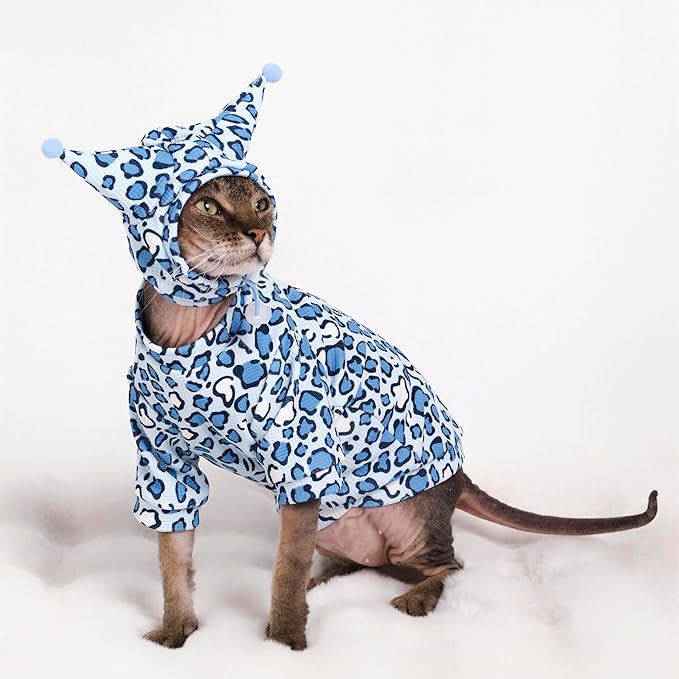 Sphynx Cat Clothes, Cat Suit with Hat and Sweatshirt, Full Set for Hairless Cats, Cornish Rex and Devon Rex (Blue Suit, L(6.5-8lbs))