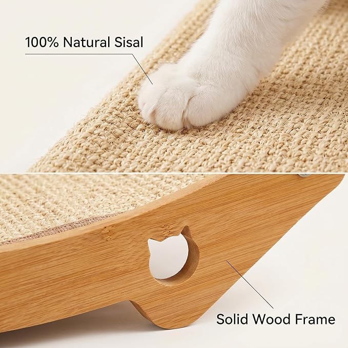 Sisal Cat Scratcher Bed, 3-in-1 Natural Sisal Scratching Board & Hammock, Solid Wood Frame, Ergonomic 150° Curve, No Cardboard Dust, for Indoor Cats up to 20 lbs
