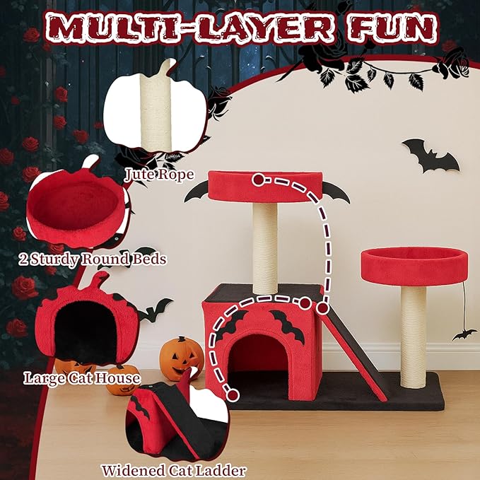 26" Gothic Cat Tree, Cat Tower with Spacious Cat Condo, 2 Padded Perches, Spider Toy, Scratching Posts, Scratching Ladder for Large Cats, Red & Black (60 * 40 * 66CM)