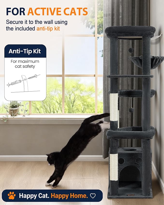Multi-Level Cat Tree Tower for Indoor Cats, 67 inch Tall XL Heavy Duty Climbing Tower with 3 Large Platform, Scratching Post, Hammock, Kitty Condo for Multiple Cats, Extra Large Cat Trees, Dark Grey