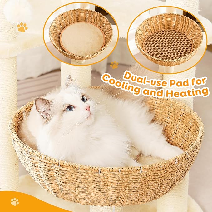 Modern Cat Tree Tower,Three Hand-Woven cat beds, Sisal-Covered Scratching Posts for Indoor Cats, Multi-Level Cat Condo with Space Capsule Nest, Tall Cat Tree for Multiple Large Cats