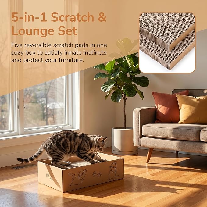 Nicunom 5 Packs in 1 Cat Scratcher with Box, Large Cat Scratching Boards Cardboard Box Reversible Cat Scratch Pads for Indoor Cats, Cat Scratch Cardboard for Rest and Play