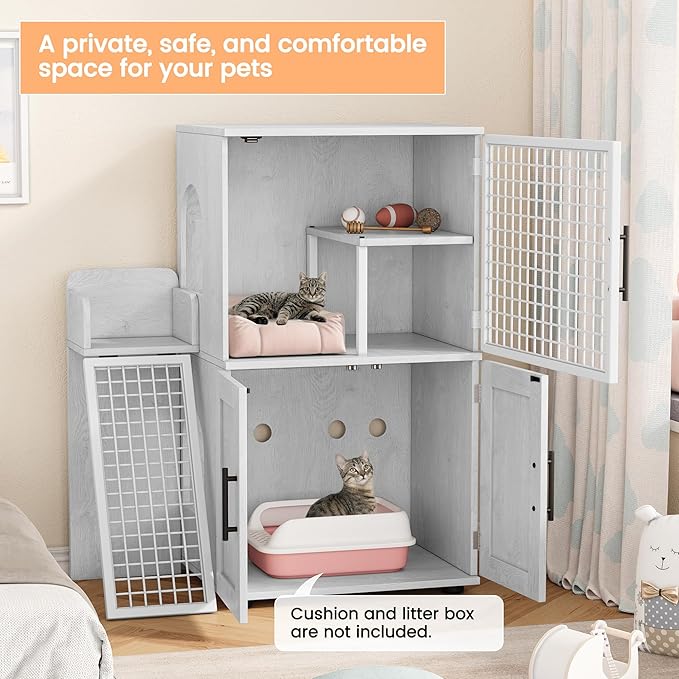 IDEALHOUSE Modern Cat Litter Box Enclosure with Platform, Double Layer Hidden Litter Box, Indoor Washroom, Villa Cat House with Ladder, 33.5" l x 17.9" w x 41.9" h,White