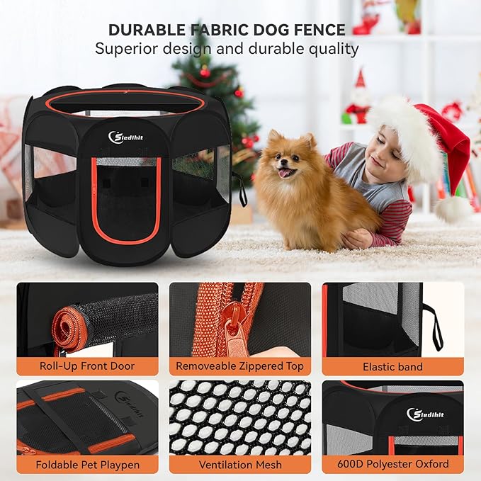 Siedihit Dog Playpen, Puppy Pet Playpens Indoor for Medium Dogs Tent Crates Cage Indoor/Outdoor, Portable Pop Up Dog Kennel Playpen with Carrying Case for Dogs/Cats/Rabbits, Black