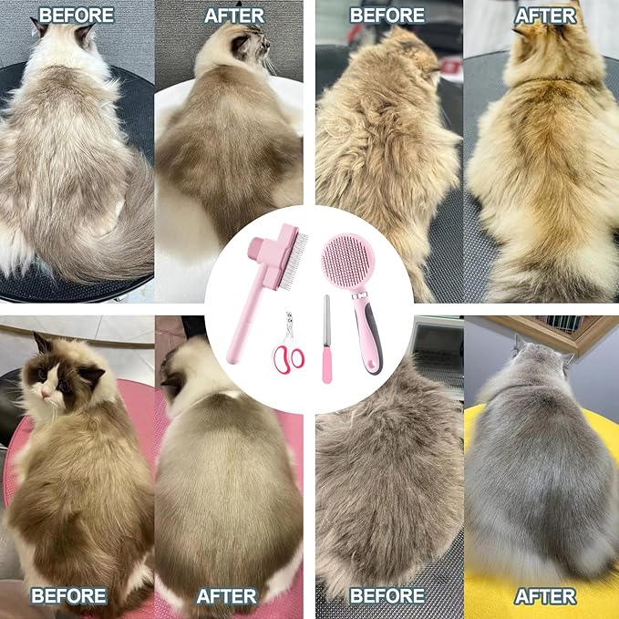 Cat Grooming Kit, 4-in-1 Cat Grooming Tools with Cats Brush, Flea Comb, Nail Clipper & Trimmer - Deshedding & Dematting for Pets Hair and Paws, Pet Shedding Set for Indoor Dogs & Cats (Pink)