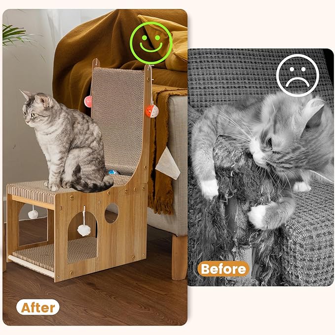 YEMOO Cat Scratcher, Double Layer Cat Scratching Board, L Shaped Vertical Cat Scratcher for Wall and Couch Protection, Cat Cardboard Scratcher with 5 Ball Toys for Indoor Cats