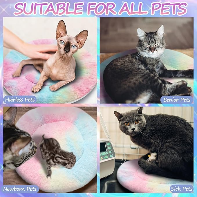 VitalCozy 2 Pack Self Heating Cat Pad Self Heating Cat Bed Machine Washable Heat Pet Mat Reversible Body Thermal Warm Round Dog Bed Crate Blanket for Feral and Indoor Cats(16'',Tie Dye)