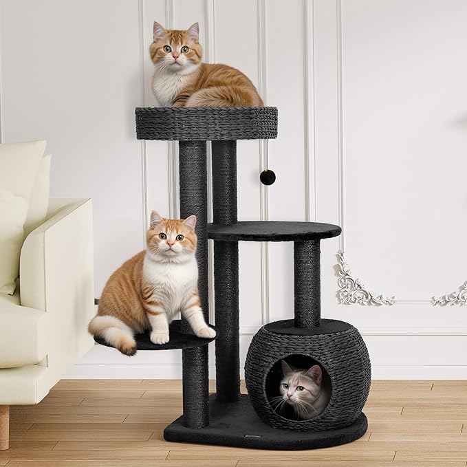 KAMABOKO Gothic Cat Tree, 53” Black Cat Tower for Indoor Cats with Sisal Scratching Posts, Spacious Cat Condo, Self Groomer, Bat Hanging Ball, Halloween Cat Tree Tower for Large Cats, Black and Red