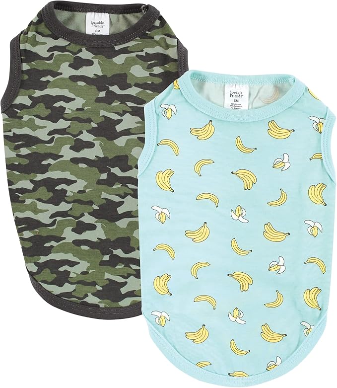 Luvable Friends Dog Pet Dog and Cats Cotton T-Shirts 2pk, Banana Camo, Medium