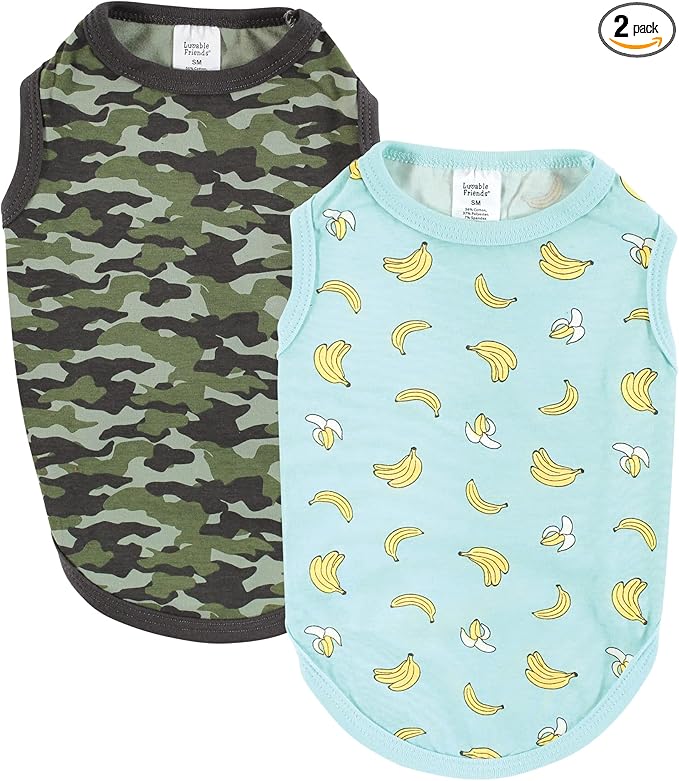 Luvable Friends Dog Pet Dog and Cats Cotton T-Shirts 2pk, Banana Camo, Small
