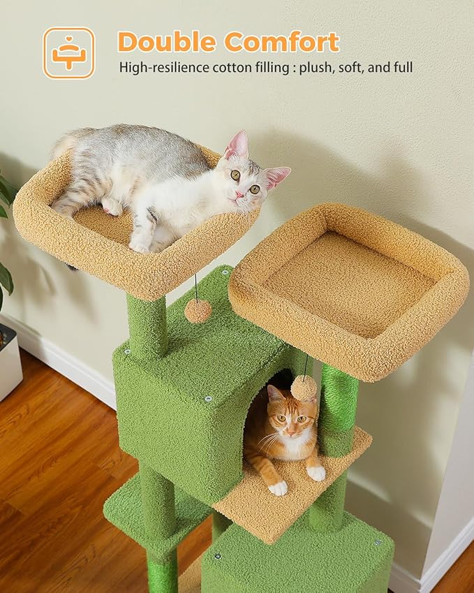MUTTROS 52.4" Cactus Cat Tree, Cute Cat Tower for Indoor Cats with 2 Padded Perches, 2 Cozy Condos & Sisal Scratching Posts, Green