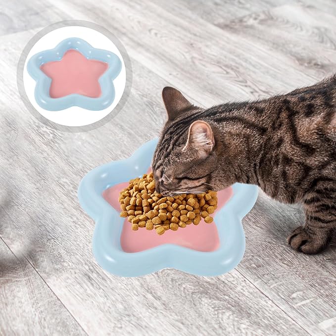 Ceramic Cat and Small Dog Food Bowl Set Whisker-Friendly Shallow Dish with Star Pattern Blue and Pink Small Size Pet Feeding and Watering Bowl for Sensitive Cats and Puppies