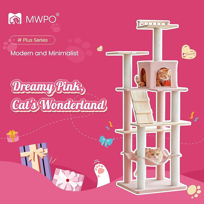 MWPO Pink Modern Cat Tree for Indoor Cats, 63.8-Inch Multi-Level Tall Cat Tower with Cat Condo, Hammock, Woden Top Perch, Scratching Posts for Kittens & Adult Cats