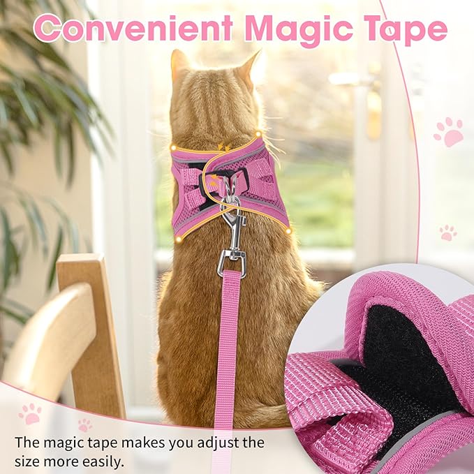 Cat Harness and Leash Set for Walking Escape Proof, Soft Adjustable Kitten Harness Breathable Mesh with Reflective Strips Harness for Kitty Puppy Bunny(Pink,S)