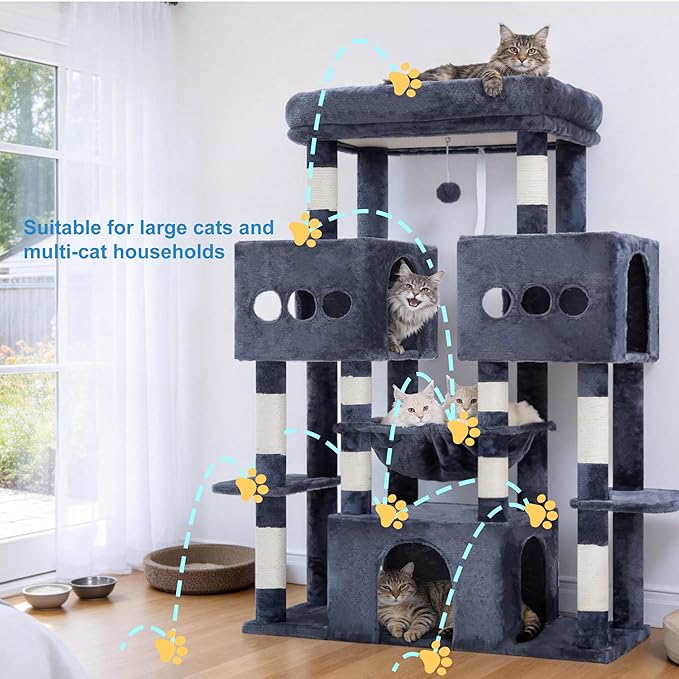 Hey-brother Cat Tree Tower, Large Sisal Scratching Posts with Big Platform, 3 Spacious Condos, Plush Hammock, Toy, 57.5 Inches Multi-Level Furniture for Indoor Adults Maine Coon, Smoky Gray MPJ083G