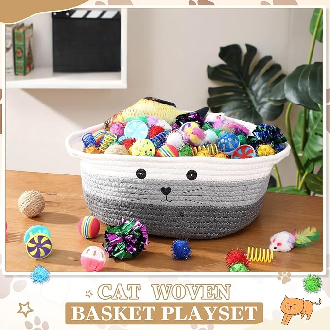 Zopeal 58 Pcs Summer Graduation Cat Storage Basket Gift Toys Set, Colorful Flashing Balls Pet Bell Crinkle Balls Spring Toys Attract Cat to Swat, Hunt, Interactive for Pet(Multicolor,12 Inch)