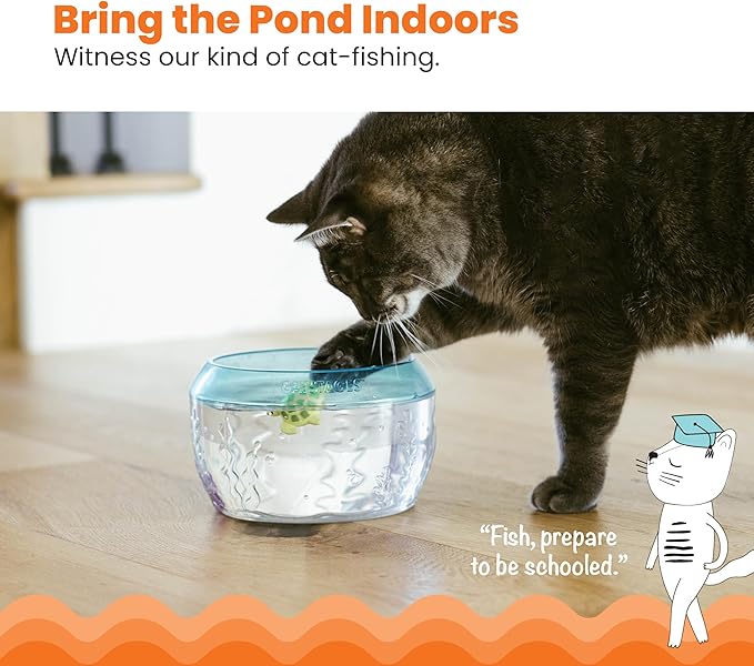 Catstages Meow-smerizing Fish Bowl for Cats with Two Water Cat Toys, Electronic Swimming Fish and Floating Turtle Included, Blue
