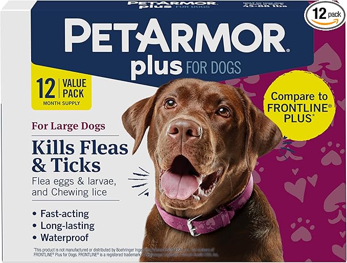 PetArmor Plus Flea and Tick Prevention for Dogs, Large Dog Flea and Tick Treatment, 12 Doses, Waterproof Topical, Fast Acting (45-88 lbs)