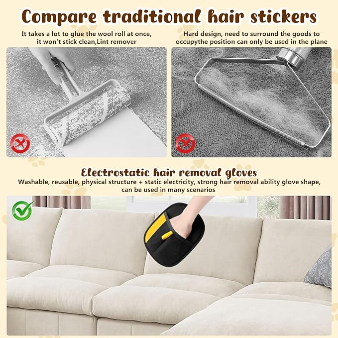 Pet Hair Removal Gloves,Electrostatic Gloves Pet Hair, Efficient Grooming Glove for Cats Dogs, Reusable Pet Hair Removal Tool for Couch, Furniture, Carpet, Curtain (3)