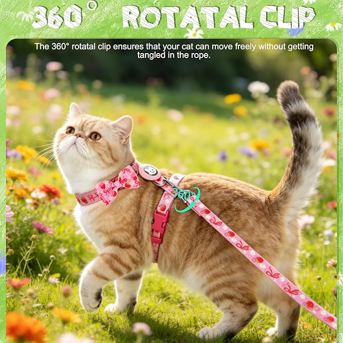 EXPAWLORER Cat Harness and Leash Set with AirTag Holder, Escape Proof Safe Lightweight Adjustable Soft Kitten Harness Set with Bowknot for Small Medium Large Cat Walking Travel Outdoor, Strawberry