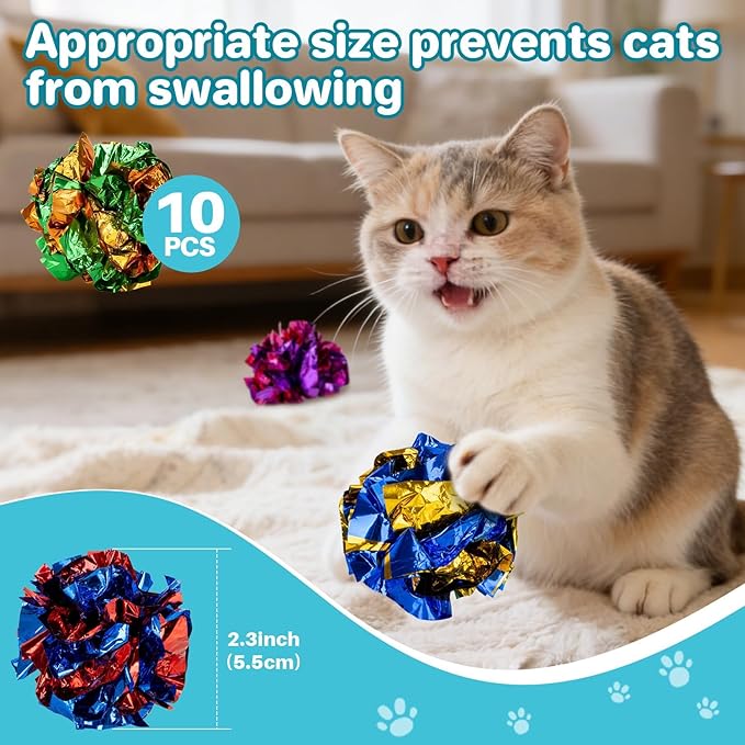 Multicolor Crinkle Balls for Cats – 10 Pcs RAINFLOW Durable Bulk Mylar Cat Crinkle Toy Balls Indoor Cat Toy Ball Stress-Relief for Kittens, Adult Cats, Multi-Cat Homes Indoor Play,Loud & Crunchy