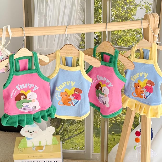 Pet Camisole Skirt Outfit for Small Dogs & Cats - Cute Spring Summer Printed Tank Top and Dress, Breathable Cat & Dog Clothing