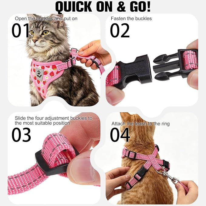 EXPAWLORER Escape Proof Cat Harness and Leash Set - Soft Breathable Vest Harness with Adjustable for Kitten Puppy Outdoor Walking Travel, Reflective Harnesses for Small Medium Large Cats, Strawberry M