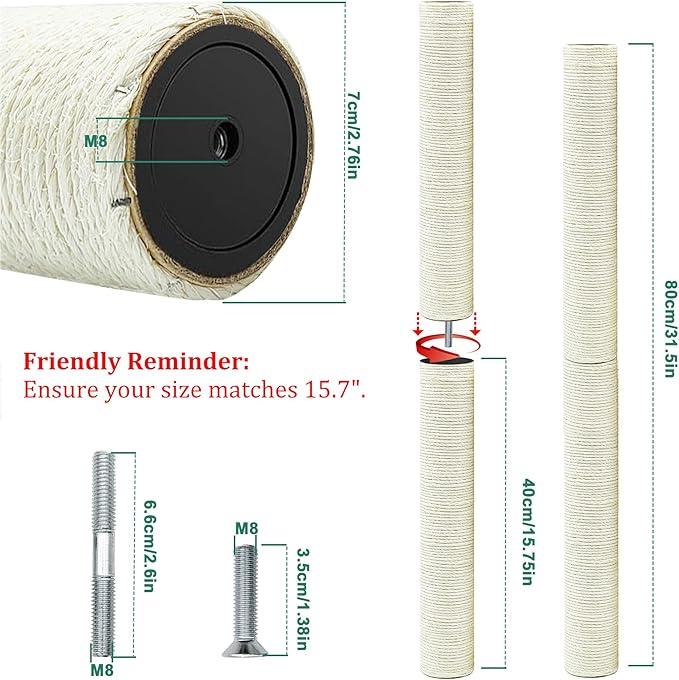 Cat Scratching Post Replacement Pole, 2 PCS 15.7in Cat Tree Replacement Post, Natural Sisal Cat Tree Replacement Parts with M8 Screws, Cat Scratch Post for Refurbishment (15.7in/40cm)