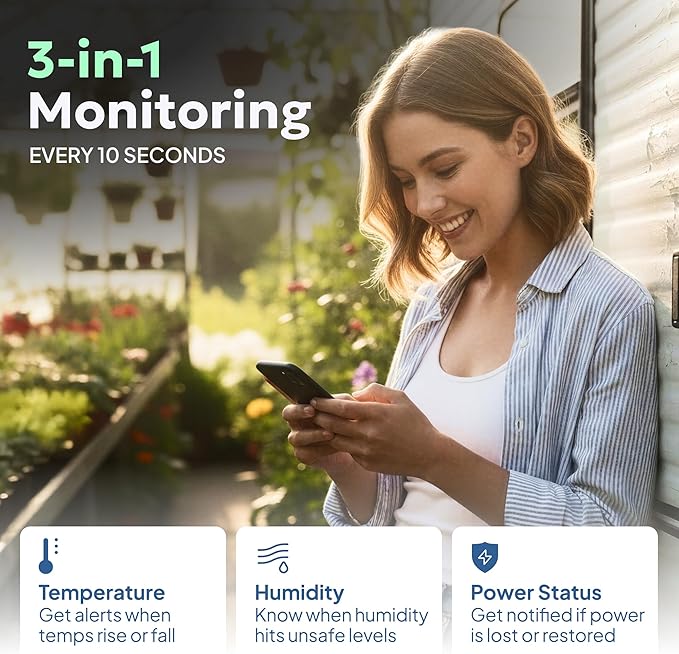 RV Pet Temperature Monitor - No WiFi Required - Remote Power Outage & Temp Sensor with App Alerts. Cellular Monitoring System for Home Safety & Server Room (1 Year Subscription Included)