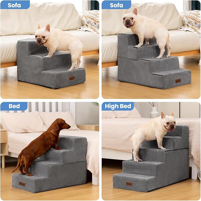 Aodisman Dog Stairs for Bed 18.5" H, 4-Step Dog Steps for Small Dogs and Cats, Indoor Non-Slip Balanced Pet Stairs are Suitable for Puppy, Older Cat,Gery