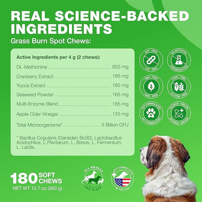 Grass Burn Spot Chews for Dogs - Urine Neutralizer for Lawn - Pee Lawn Spot Saver Caused by Urine - Probiotics, Enzymes & Multivitamins - Grass Saver Soft Treats for Canine Digestive and UTI Support