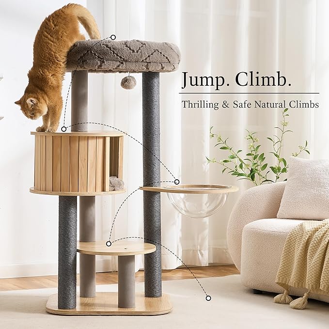 797Audio Wood Modern Cat Tree, 48" Cat Tower with Sisal Scratching Posts, Cat Condo, Capsule and Bed, Solid Wooden Aesthetic Multi-Level Cat Climbing Tree for Large Adult Indoor Maine Coon Cats-Gray