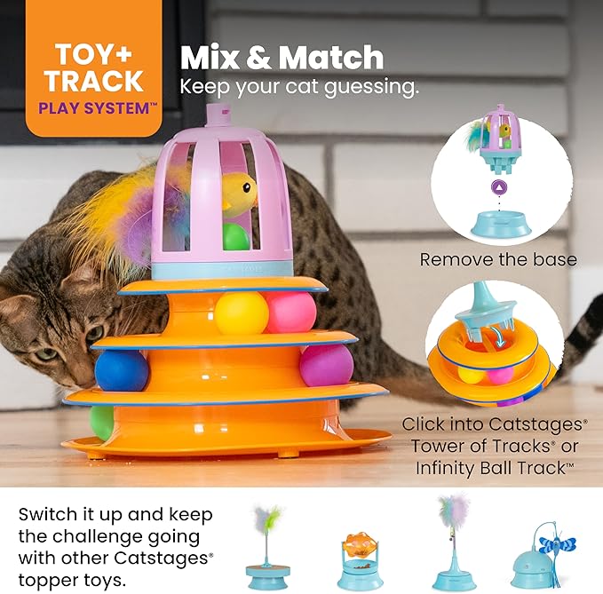 Catstages 2-in-1 Chirping Bird Interactive Cat Toy – Touch-Activated Toy with Sound and Ball Track Fun, Standalone Toy or Track Add-On, Purple