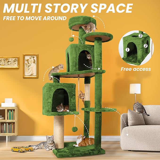 59in Large Cat Tree Tower for Indoor Cats with Soft Plush Hang Ball, Two Condos, Sisal Scratch Posts & Rope Play for Kittens/Adult Cats, Green