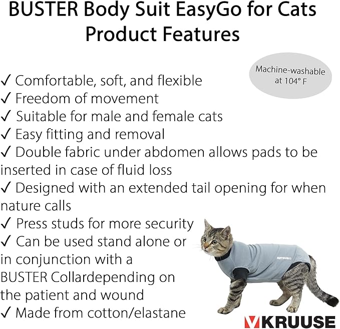 Kruuse Buster EasyGo Recovery Suit for Cats – Black/Grey (Small, 13.5") – Soft, Breathable Post-Surgery Bodysuit for Wound Care, Hot Spots & Incontinence – Comfortable Protection for Cats