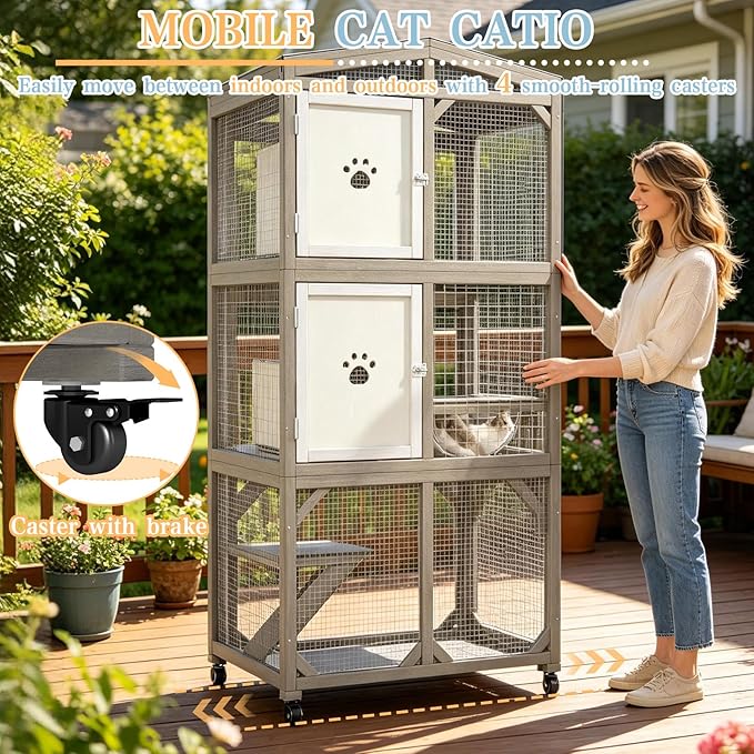 Ketive 66" H Large Catio Outdoor Cat Enclosure, Wooden Window Cat House with Wheels & 3 Platforms, Kitty Cage with Weatherproof Roof for Multiple Cats (Gray)